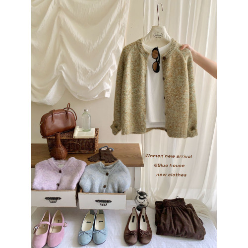 復古慵懶松弛感韓系花紗絨感針織開衫女秋冬雜色圓領寬松毛衣外套 復古慵懶松弛感韓系花紗絨感針織開衫女秋冬雜色圓領寬松毛衣外套