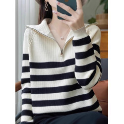 海魂風半拉鍊翻領針織衫毛衣女慵懶條紋長袖秋冬寬松內搭打底毛衫