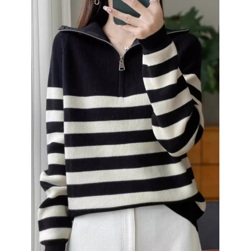 海魂風半拉鍊翻領針織衫毛衣女慵懶條紋長袖秋冬寬松內搭打底毛衫 海魂風半拉鍊翻領針織衫毛衣女慵懶條紋長袖秋冬寬松內搭打底毛衫