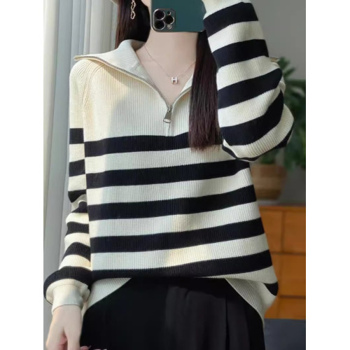 海魂風半拉鍊翻領針織衫毛衣女慵懶條紋長袖秋冬寬松內搭打底毛衫 海魂風半拉鍊翻領針織衫毛衣女慵懶條紋長袖秋冬寬松內搭打底毛衫