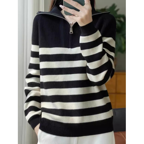 海魂風半拉鍊翻領針織衫毛衣女慵懶條紋長袖秋冬寬松內搭打底毛衫 海魂風半拉鍊翻領針織衫毛衣女慵懶條紋長袖秋冬寬松內搭打底毛衫