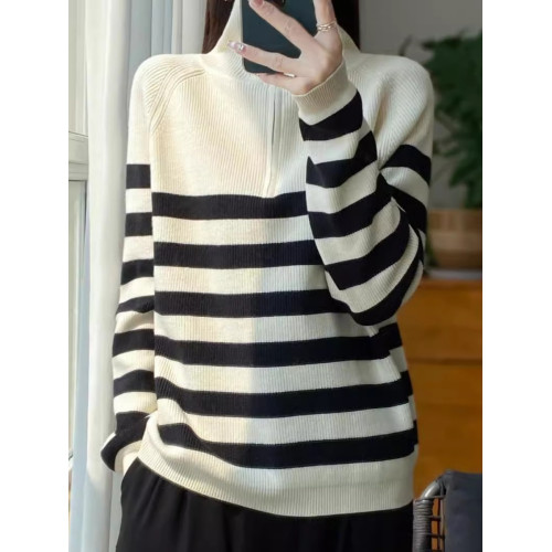 海魂風半拉鍊翻領針織衫毛衣女慵懶條紋長袖秋冬寬松內搭打底毛衫 海魂風半拉鍊翻領針織衫毛衣女慵懶條紋長袖秋冬寬松內搭打底毛衫