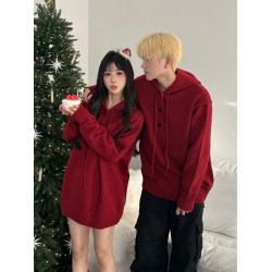 美式復古紅色本命新年連帽毛衣情侶裝秋冬季寬松慵懶風針織衫上衣