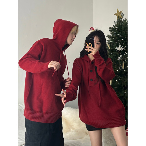 美式復古紅色本命新年連帽毛衣情侶裝秋冬季寬松慵懶風針織衫上衣