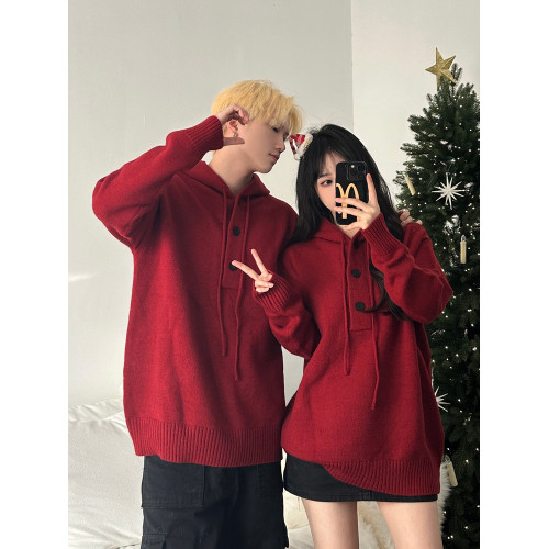 美式復古紅色本命新年連帽毛衣情侶裝秋冬季寬松慵懶風針織衫上衣