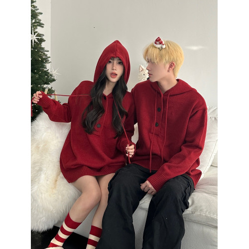 美式復古紅色本命新年連帽毛衣情侶裝秋冬季寬松慵懶風針織衫上衣