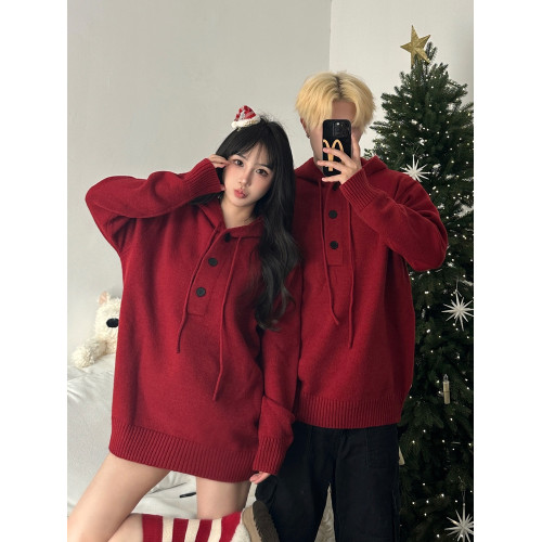 美式復古紅色本命新年連帽毛衣情侶裝秋冬季寬松慵懶風針織衫上衣