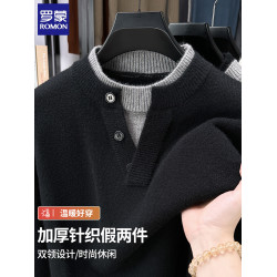 羅矇毛衣男款時尚寬松假兩件領秋冬季休閒加厚針織衫男裝外套潮流