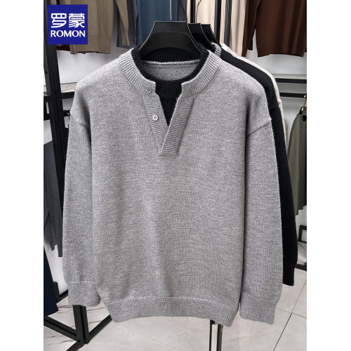 羅矇毛衣男款時尚寬松假兩件領秋冬季休閒加厚針織衫男裝外套潮流