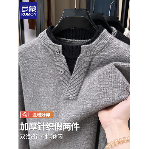 羅矇毛衣男款時尚寬松假兩件領秋冬季休閒加厚針織衫男裝外套潮流