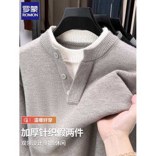 羅矇毛衣男款時尚寬松假兩件領秋冬季休閒加厚針織衫男裝外套潮流