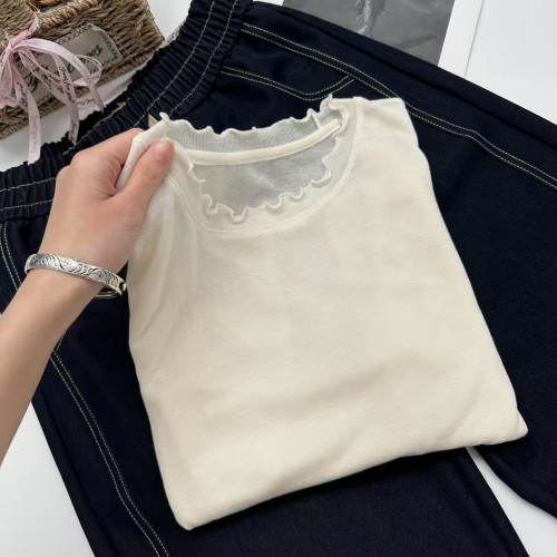 裸膚感巨軟~韓系木耳邊純色簡約內搭長袖針織衫Y6617