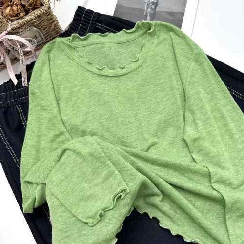 裸膚感巨軟~韓系木耳邊純色簡約內搭長袖針織衫Y6617