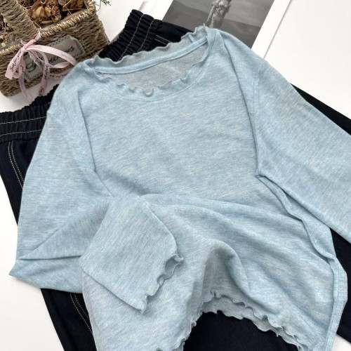 裸膚感巨軟~韓系木耳邊純色簡約內搭長袖針織衫Y6617