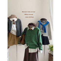 超韓復古綠咖撞色條紋長袖針織衫外套女秋冬簡約圓領毛衣開衫上衣