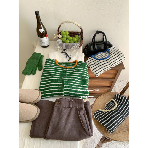 超韓復古綠咖撞色條紋長袖針織衫外套女秋冬簡約圓領毛衣開衫上衣 超韓復古綠咖撞色條紋長袖針織衫外套女秋冬簡約圓領毛衣開衫上衣