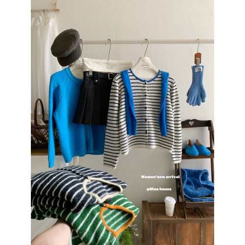 超韓復古綠咖撞色條紋長袖針織衫外套女秋冬簡約圓領毛衣開衫上衣 超韓復古綠咖撞色條紋長袖針織衫外套女秋冬簡約圓領毛衣開衫上衣