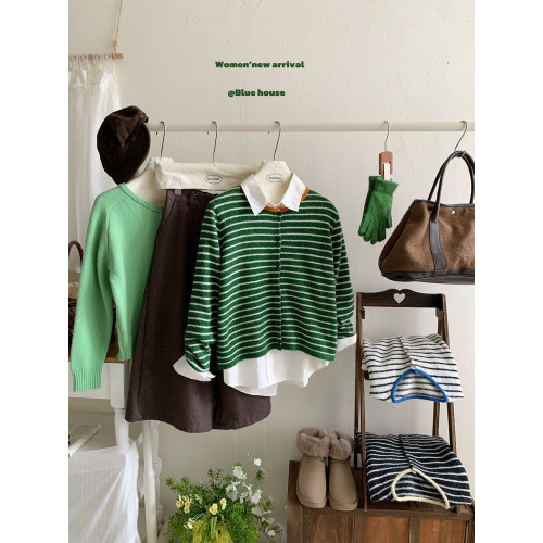 超韓復古綠咖撞色條紋長袖針織衫外套女秋冬簡約圓領毛衣開衫上衣 超韓復古綠咖撞色條紋長袖針織衫外套女秋冬簡約圓領毛衣開衫上衣