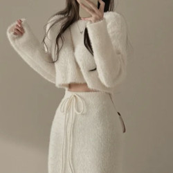 韓國chic秋冬軟糯小香風仿水貂絨針織毛衣套裝包臀半身裙兩件套女