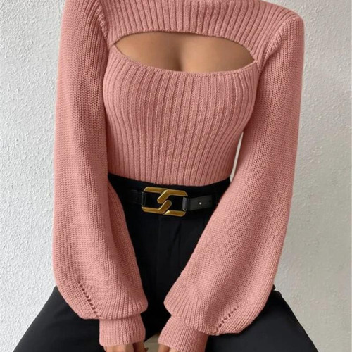 Sweater歐美性感漏胸辣妹毛衣秋冬鏤空設計感高領修身針織衫毛衣 Sweater歐美性感漏胸辣妹毛衣秋冬鏤空設計感高領修身針織衫毛衣