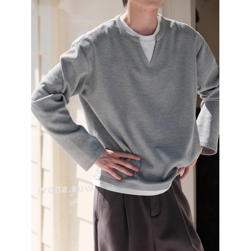 可樂生活自製 秋季慵嬾風華夫格假兩件日系寬鬆長袖打底T恤男女