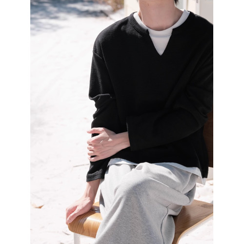 可樂生活自製 秋季慵嬾風華夫格假兩件日系寬鬆長袖打底T恤男女