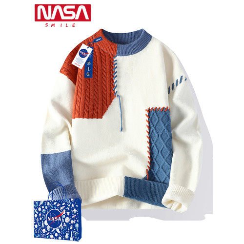 NASA旗艦店毛衣女潮流慵懶設計感拼接冬季加絨加厚保暖情侶針織衫