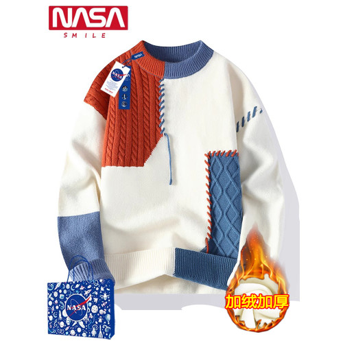 NASA旗艦店毛衣女潮流慵懶設計感拼接冬季加絨加厚保暖情侶針織衫