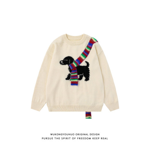 悟空有貨美式彩虹圍巾小狗圓領毛衣男復古潮牌寬松情侶休閒針織衫