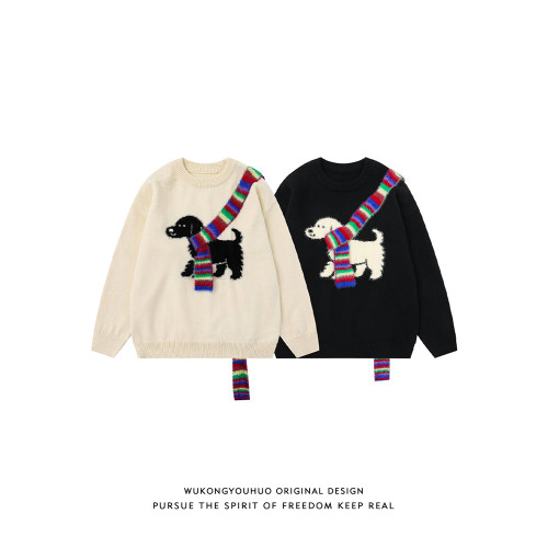 悟空有貨美式彩虹圍巾小狗圓領毛衣男復古潮牌寬松情侶休閒針織衫