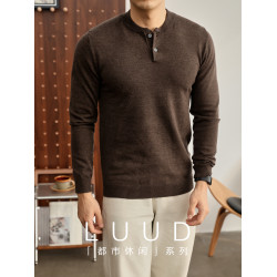 LUUD 高級感雙紐釦亨利領針織衫男羊毛混紡修身保暖套頭打底毛衣