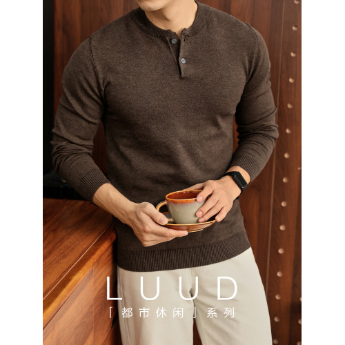 LUUD 高級感雙紐釦亨利領針織衫男羊毛混紡修身保暖套頭打底毛衣