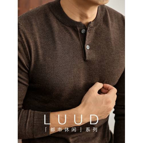 LUUD 高級感雙紐釦亨利領針織衫男羊毛混紡修身保暖套頭打底毛衣