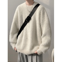 馬海毛軟糯圓領毛衣男款秋冬季慵懶風加絨加厚針織內搭男生打底衫