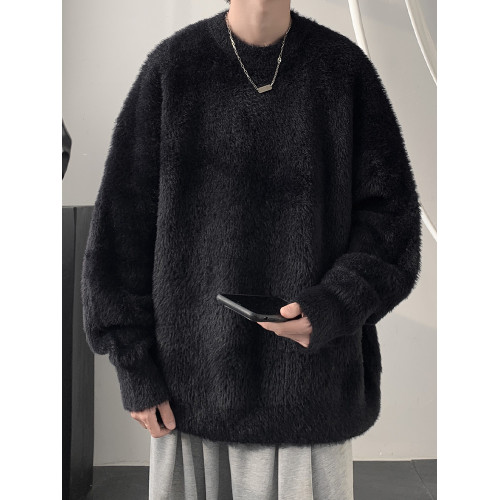 馬海毛軟糯圓領毛衣男款秋冬季慵懶風加絨加厚針織內搭男生打底衫