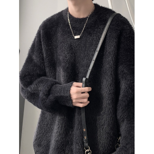 馬海毛軟糯圓領毛衣男款秋冬季慵懶風加絨加厚針織內搭男生打底衫