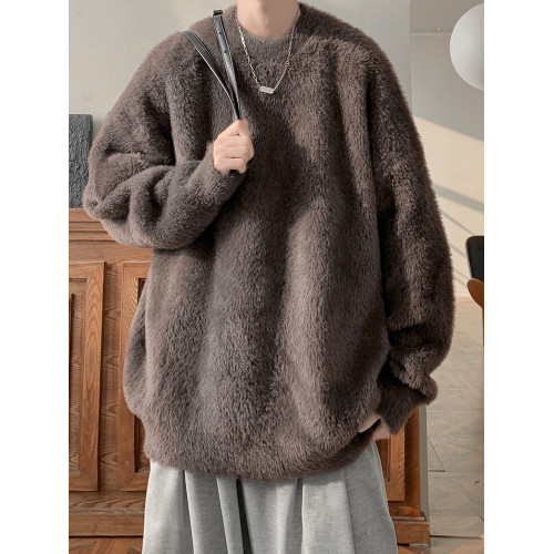 馬海毛軟糯圓領毛衣男款秋冬季慵懶風加絨加厚針織內搭男生打底衫