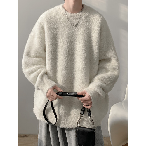 馬海毛軟糯圓領毛衣男款秋冬季慵懶風加絨加厚針織內搭男生打底衫