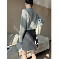 PINKEEN灰撞色圓領長袖針織衫女秋季2025新減齡舒適顯瘦套頭毛衣