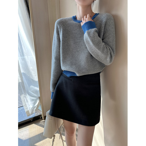 PINKEEN灰撞色圓領長袖針織衫女秋季2025新減齡舒適顯瘦套頭毛衣