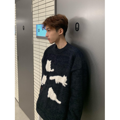 cleanfit黑色貓咪毛衣男春秋美式潮牌馬海毛針織衫高級感慵懶外套 cleanfit黑色貓咪毛衣男春秋美式潮牌馬海毛針織衫高級感慵懶外套