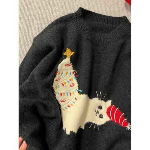 氛圍感圓領聖誕貓刺綉套頭毛衣女秋冬季新款寬松甜美百搭針織上衣 氛圍感圓領聖誕貓刺綉套頭毛衣女秋冬季新款寬松甜美百搭針織上衣