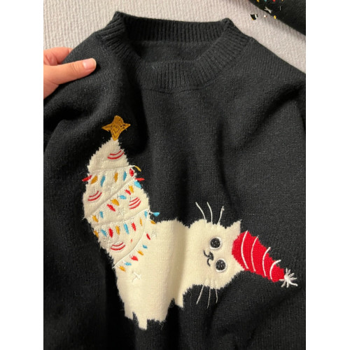 氛圍感圓領聖誕貓刺綉套頭毛衣女秋冬季新款寬松甜美百搭針織上衣 氛圍感圓領聖誕貓刺綉套頭毛衣女秋冬季新款寬松甜美百搭針織上衣