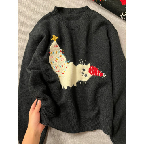 氛圍感圓領聖誕貓刺綉套頭毛衣女秋冬季新款寬松甜美百搭針織上衣 氛圍感圓領聖誕貓刺綉套頭毛衣女秋冬季新款寬松甜美百搭針織上衣