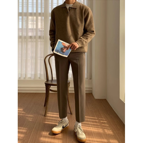 純色polo毛衣男士高級感韓版潮流休閒翻領針織衫秋季休閒寬松外套