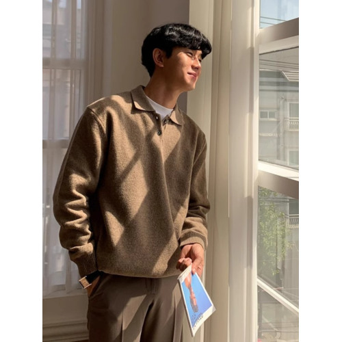 純色polo毛衣男士高級感韓版潮流休閒翻領針織衫秋季休閒寬松外套