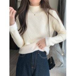 溫柔燕麥色長袖半高領加絨加厚修身毛衣打底衫女春秋冬季保暖內搭
