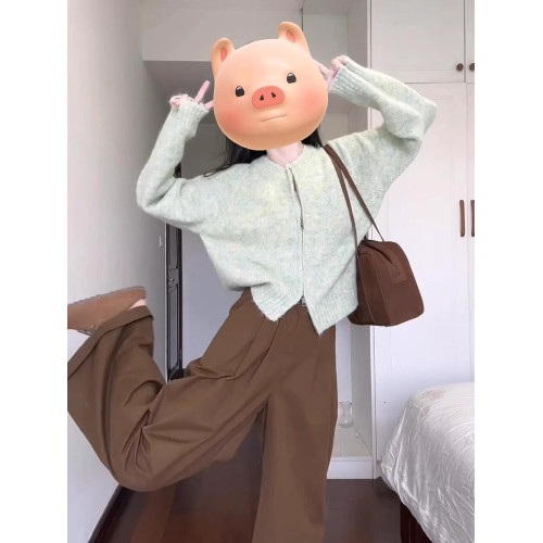 綠色毛衣開衫外套女秋冬季針織衫2025新款打底短上衣慵懶風高級感