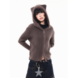 MKGO美式復古毛邊拼接小熊耳朵連帽毛衣外套女秋季修身短款針織衫