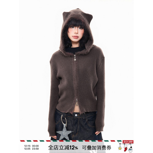 MKGO美式復古毛邊拼接小熊耳朵連帽毛衣外套女秋季修身短款針織衫 MKGO美式復古毛邊拼接小熊耳朵連帽毛衣外套女秋季修身短款針織衫